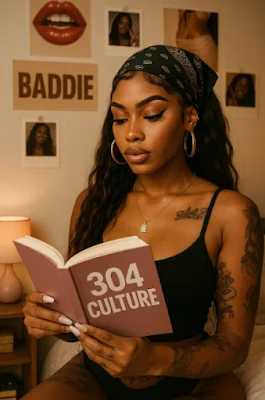 Black woman reading a book titled “304 Culture” while sitting in a cozy, feminine room with “Baddie” wall art in the background