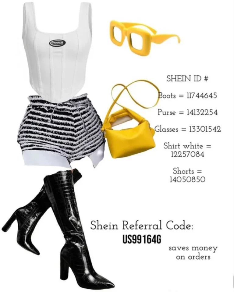 Stylish outfit flat lay with a white tank top, plaid mini skirt, black heeled boots, yellow sunglasses, yellow purse, and Shein referral code details.