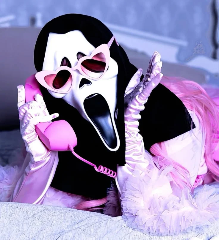 Meme of a glam ghostface in pink with sunglasses and a phone — represents a toxic ex resurfacing after ghosting in a funny, dramatic way. Used for blog post about submarining in dating and toxic relationship behavior.